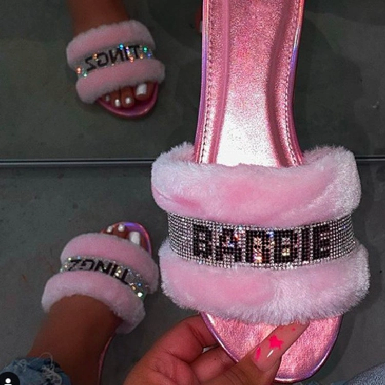 Drop Shipping Fur Slides Sandals, Wholesale Barbie Tingz Pink Bling Fur Slippers for Women and Ladies