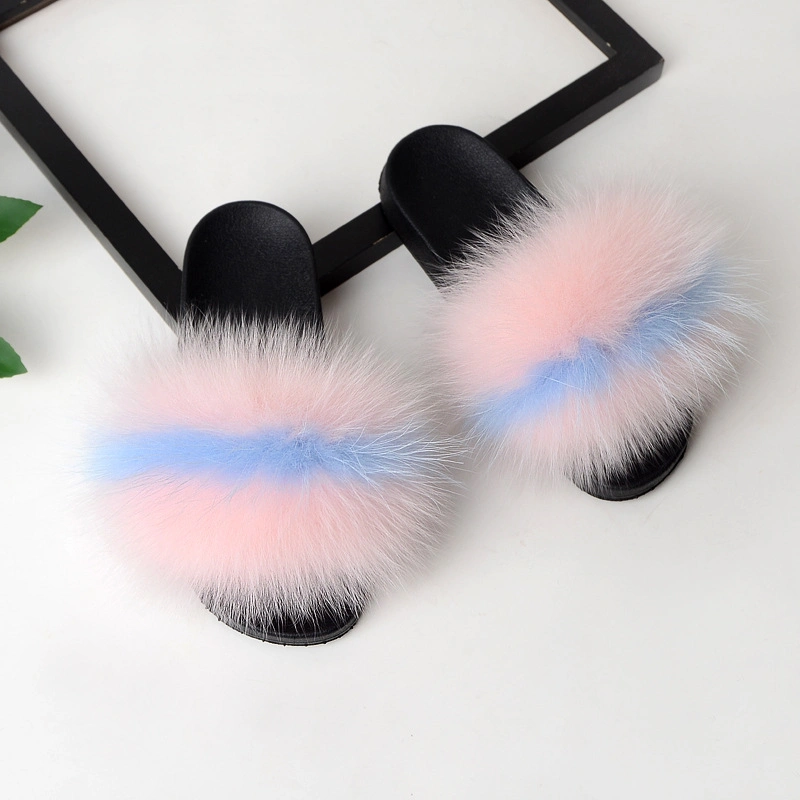 Women's Summer Fox Fur Slippers Fox Fur Slides Furry Slide Sandals