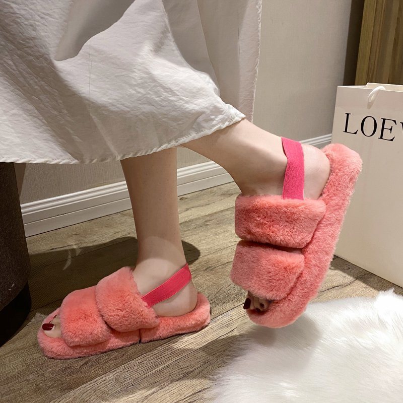 2020 Latest Ladies Fur Sandals, Women Fur Slippers Wholesale, Two Strap Furry Slippers