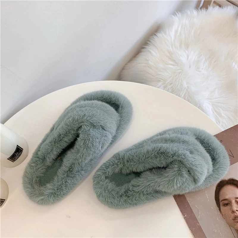 Ladies House Slippers Bunny Fur Slides, Vegan Fur Slippers Sandals with Straps Women Fur Slides