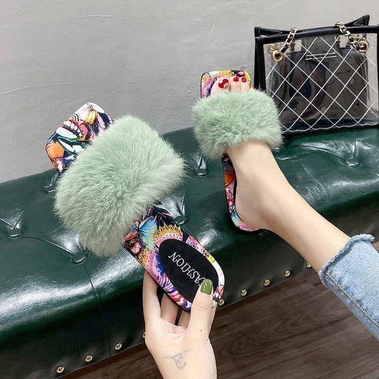 2020 Wholesale Fur Slippers Women Fashion Open Toe Slides Sweet Wind Furry Sandals Slippers