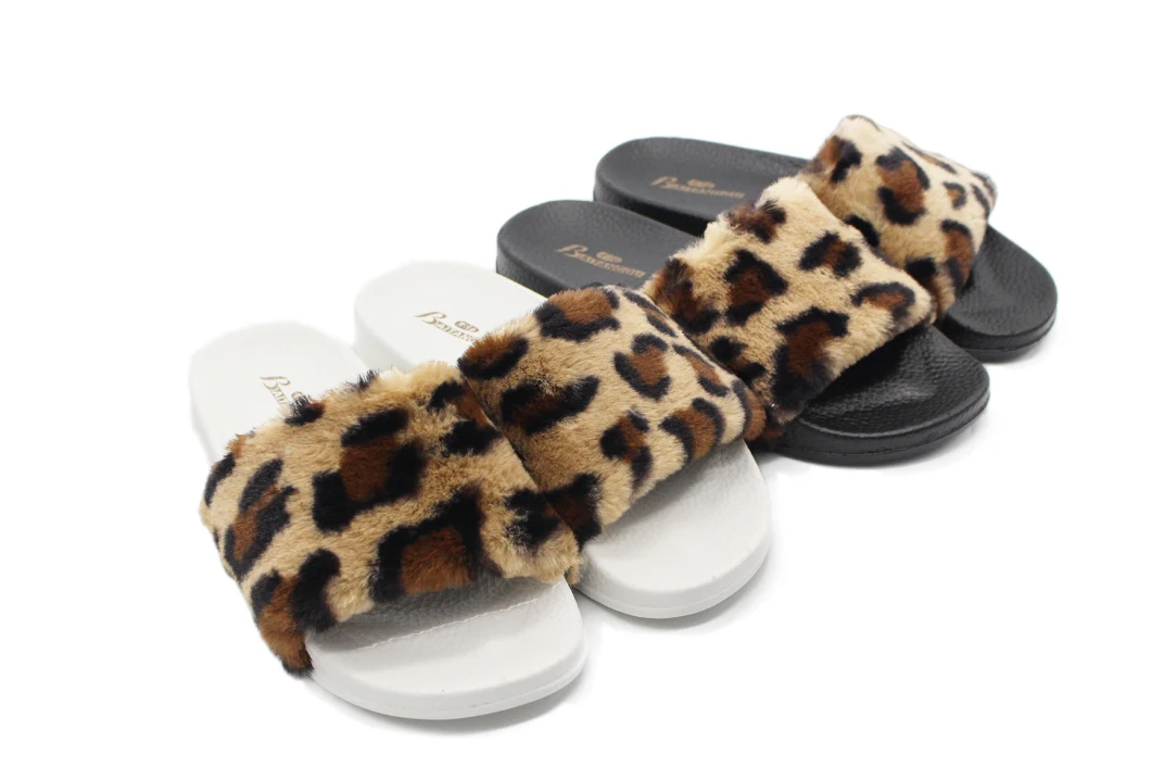 Best Selling Wholesale Fur Slippers, Women Fashion Leopard Pattern Flat Slides Sandals Slippers