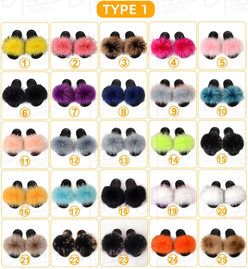 Trendy Flat Custom Real Fur Slippers Slides, Mink Fur Plush Furry Fluffy Slippers, Wholesale Women Fox Fur Slides Sandals Slippers