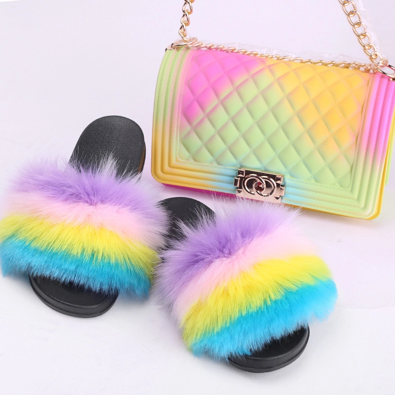 Women Handbag with Fur Slippers, Jelly Purse and Fur Slides, Purse and Fur Slides Set