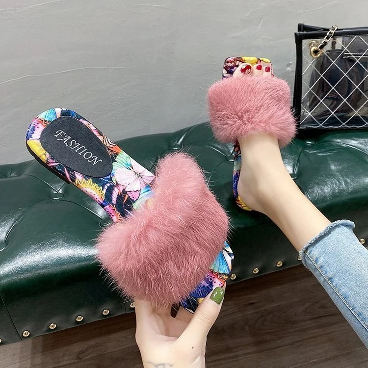 2020 Wholesale Fur Slippers Women Fashion Open Toe Slides Sweet Wind Furry Sandals Slippers