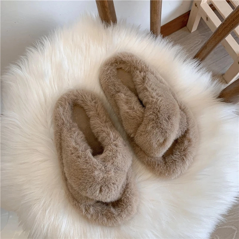 Ladies House Slippers Bunny Fur Slides, Vegan Fur Slippers Sandals with Straps Women Fur Slides