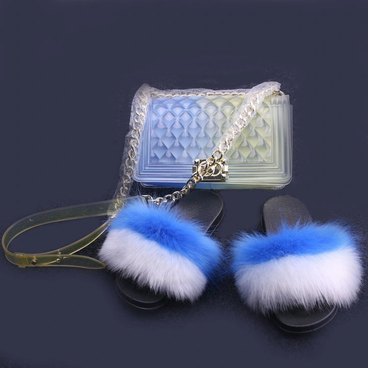 Women Handbag with Fur Slippers, Jelly Purse and Fur Slides, Purse and Fur Slides Set