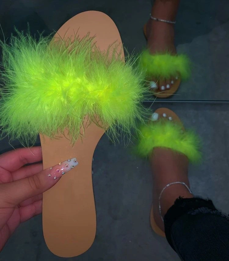 Women Fur Slides Colorful Fox Fur Sandals Slipper Slides