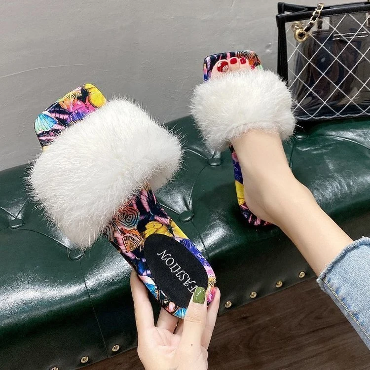 2020 Wholesale Fur Slippers Women Fashion Open Toe Slides Sweet Wind Furry Sandals Slippers