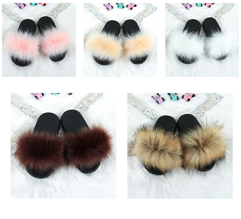 Kids Fur Home Slipper Girl Outdoor Raccoon Fluffy Cute Flats Slides