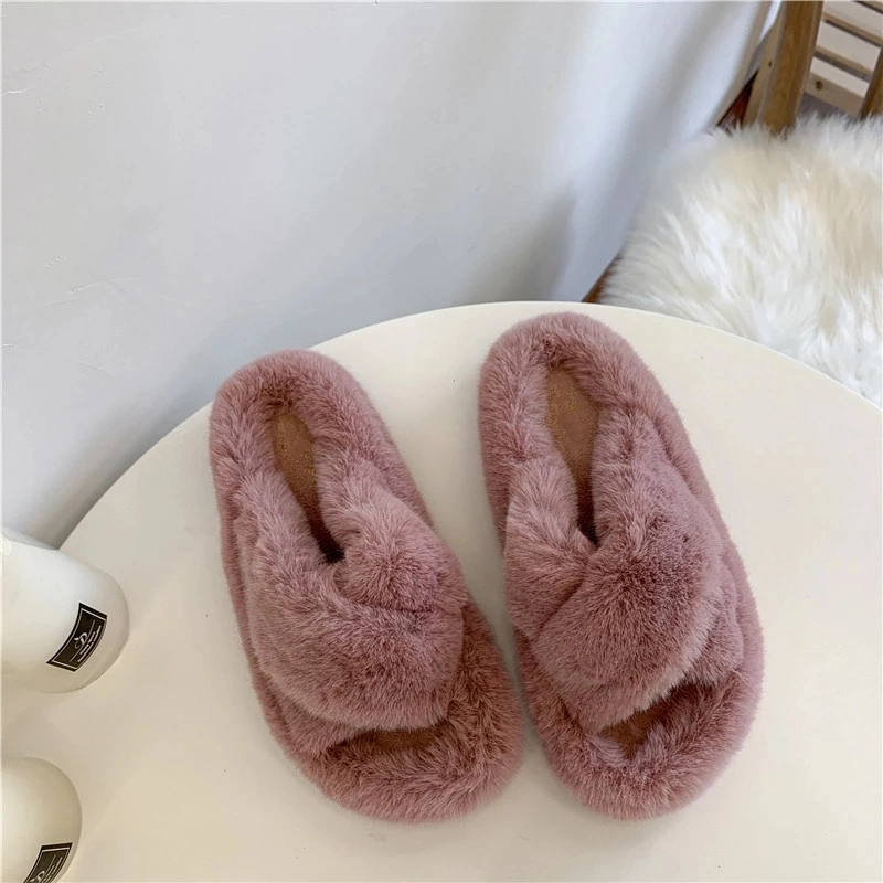 Ladies House Slippers Bunny Fur Slides, Vegan Fur Slippers Sandals with Straps Women Fur Slides