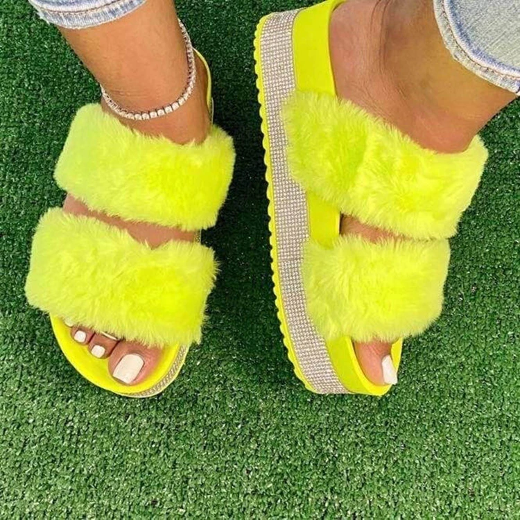 Sys016 Luxury Sandal Slipper Women Fuzzy Furry Slides with Fur Platform Bling Rhinestone Colorful Fluffy Faux Fur Slide