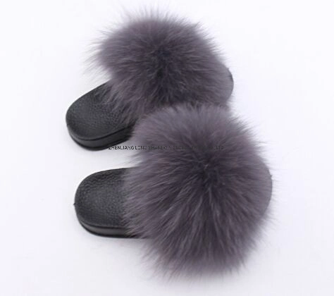 Soft Popular Kids Real Fur Sandals Children Cute Fox Fur Slippers