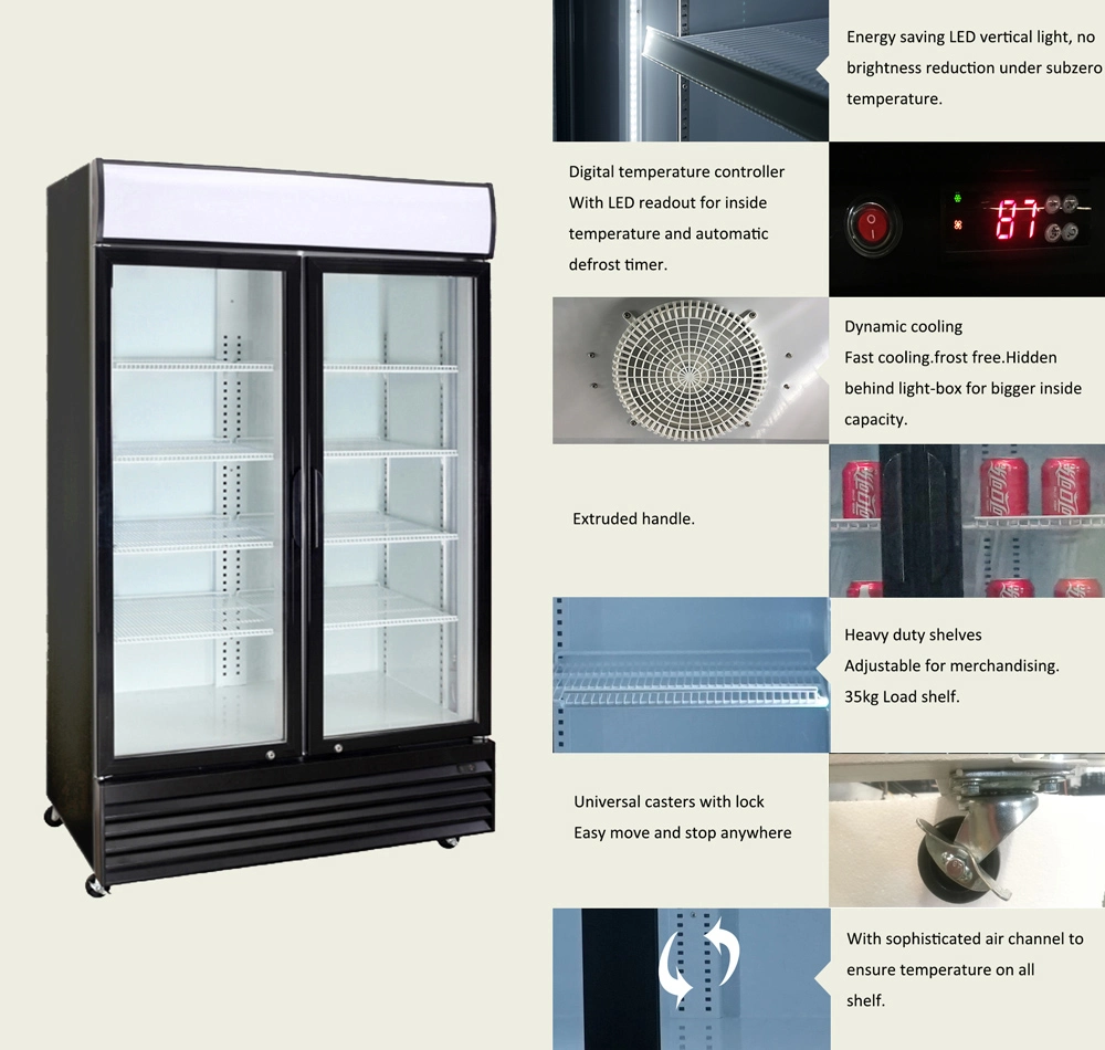 Beverage Upright Cooler Double Glass Doors Cold Drink Display Fridge for Supermarket