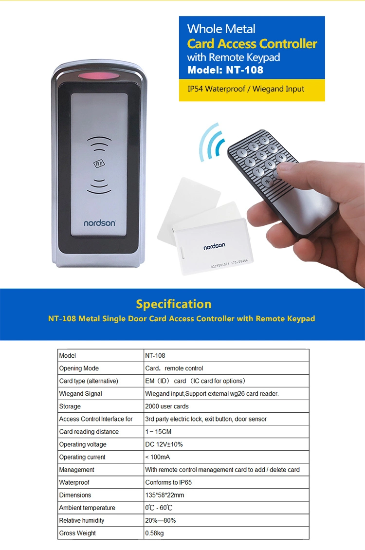 Silver Metal with Keypad Remote Smart Card Wiegand Signal Access Controller for Home Hotel