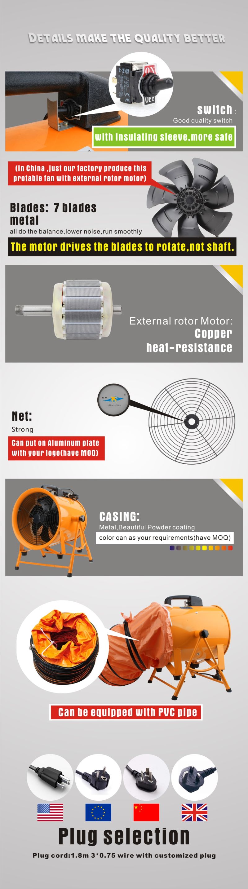 AC 14inch Industrial Portable Axial Fan Ventilation Exhaust Fan Ducted Fan