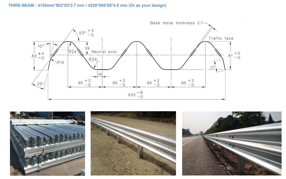 Dachu Roadway Expressway Highway Safety Galvanized Thrie Beam Guardrail