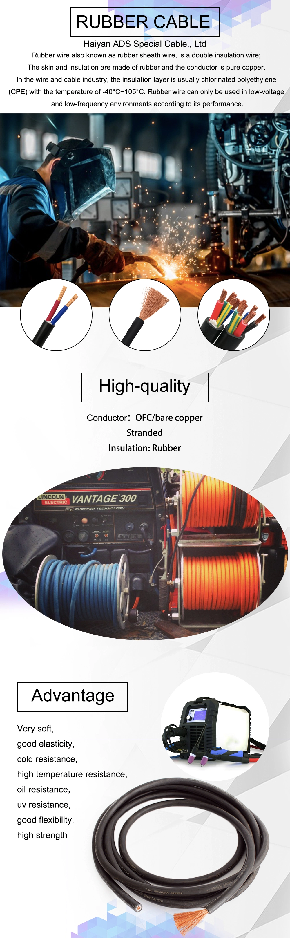 Multi Core Copper Stranded Rubber Insulated Welding Cable for Low Voltage Low-Frequency Environments