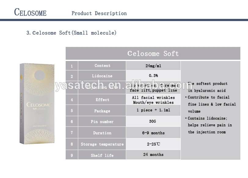 Celosome Cross Linked Hyaluronic Acid Gel 1.1ml Dermal Filler for Lip and Face