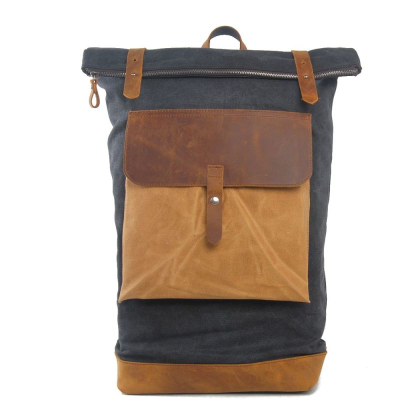 Contrast Color Attached Pocket Canvas Camping Backpack Bag (RS-104)