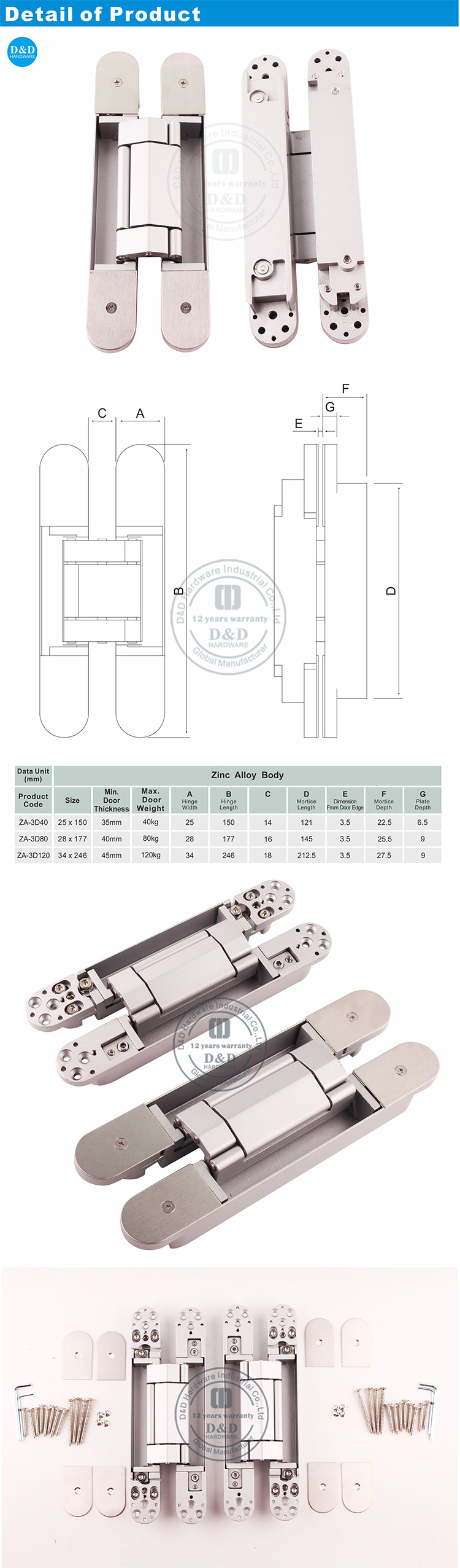 180 Degree Zinc Alloy 3D Adjustable Heavy Duty Concealed Hidden Door Hinge