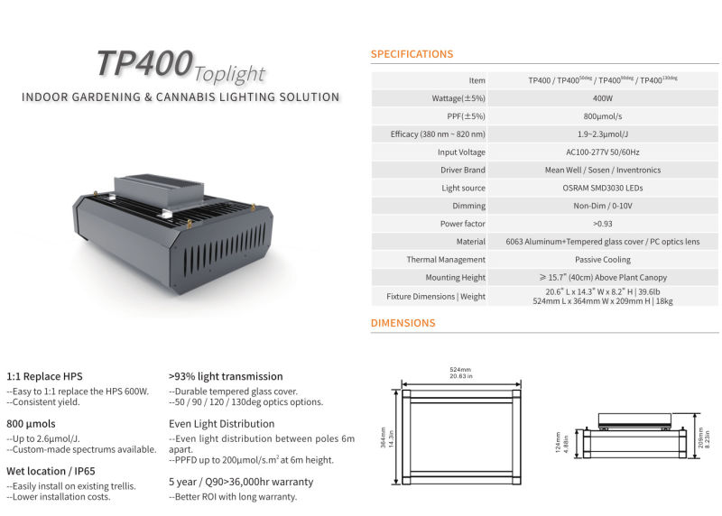 Hydroponic Tp400 Lighting for Plant Growth Compatible with Smart Lighting Controller