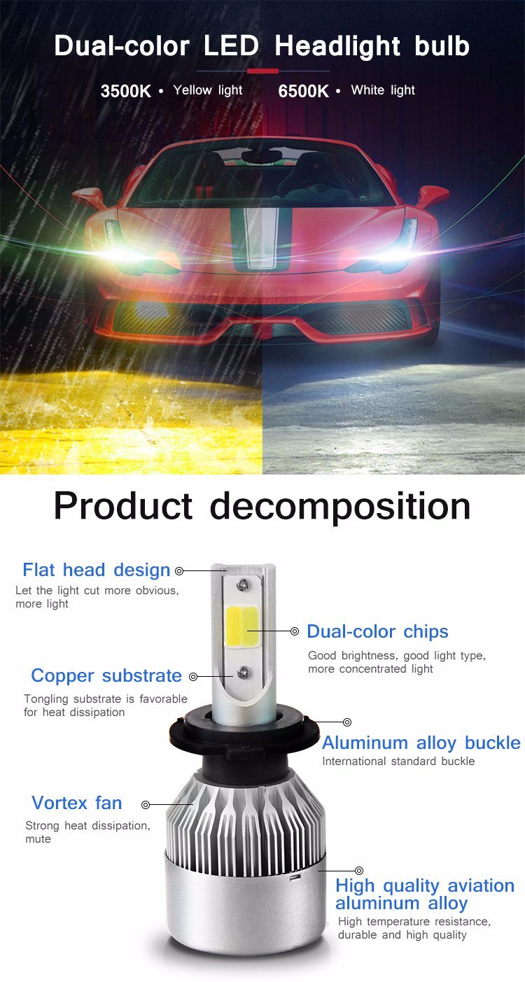 High Brightness Dual Color S2 Auto Spare Parts S2 C6 H4 H13 H11 LED Car Light Bulb H7 High Power LED Headlight