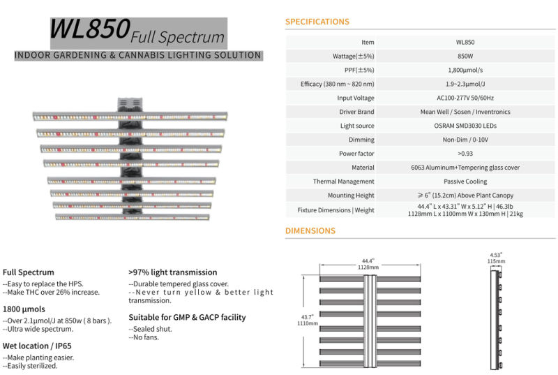 Newest Full Spectrum 850W LED Light Bar for Greenhouse Indoor Plants