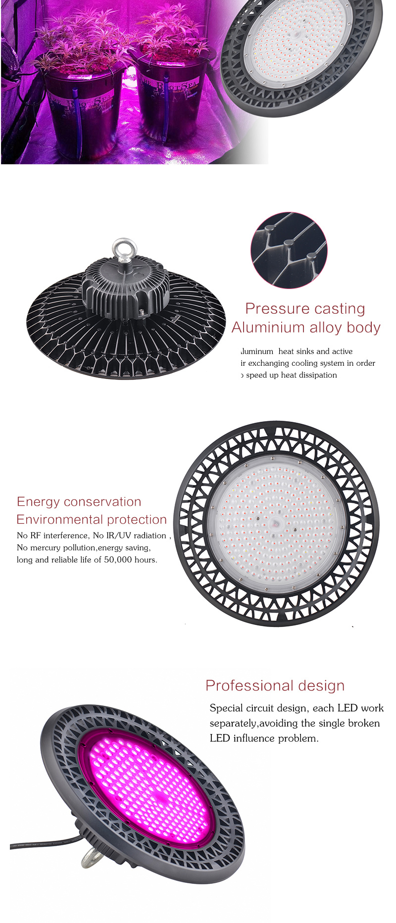 1-10V Dimmable Full Spectrum Growing Light 300watt UFO LED Growth Light