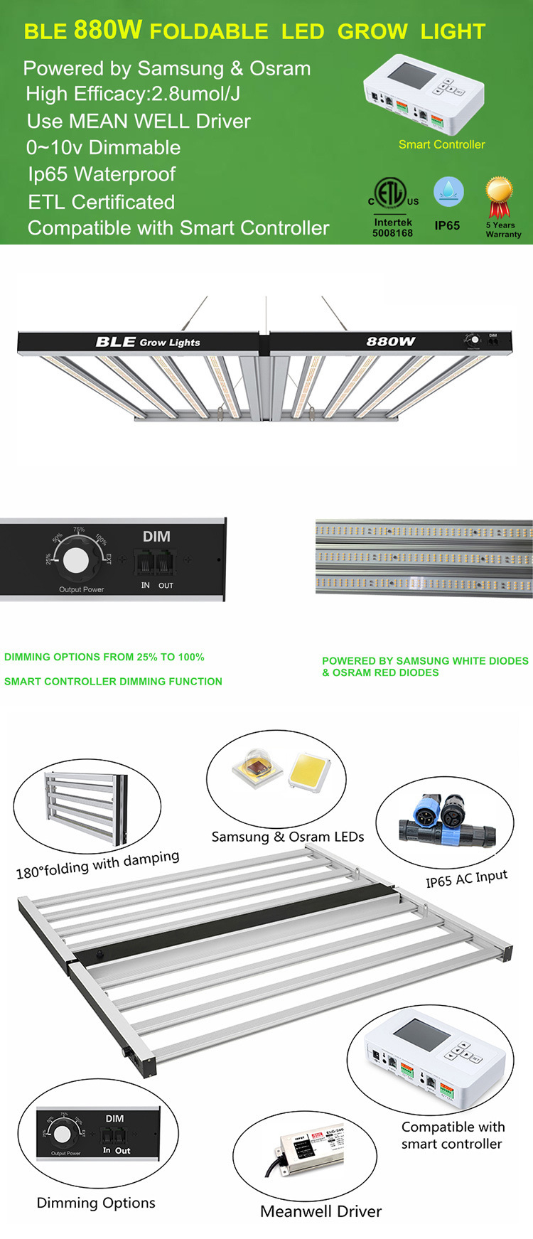 660watt 880watt 1000watt Full Spectrum Vertical Grow Hydroponic LED Grow Light