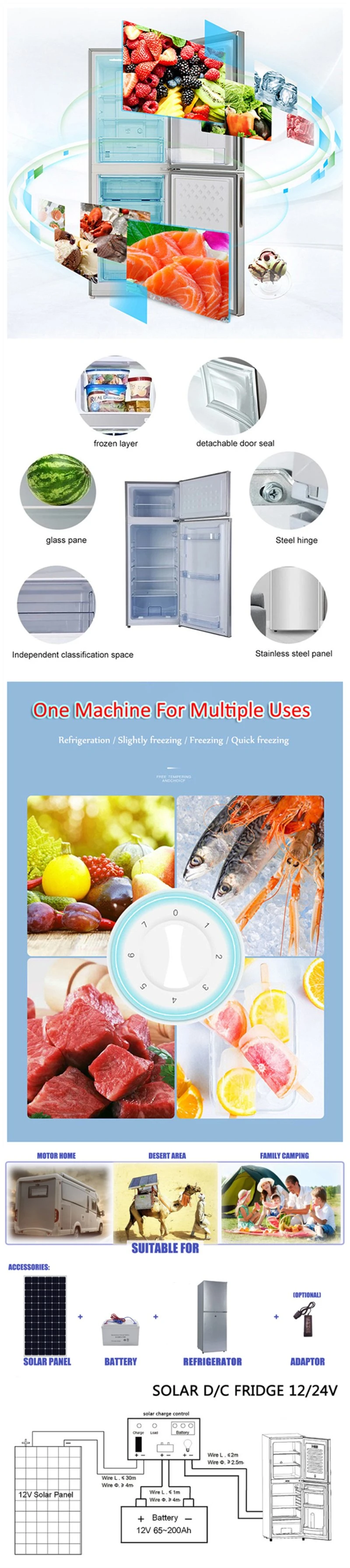 Double Doors with Top Freezer Room 295 Litters Solar Refrigerator with DC Compressor