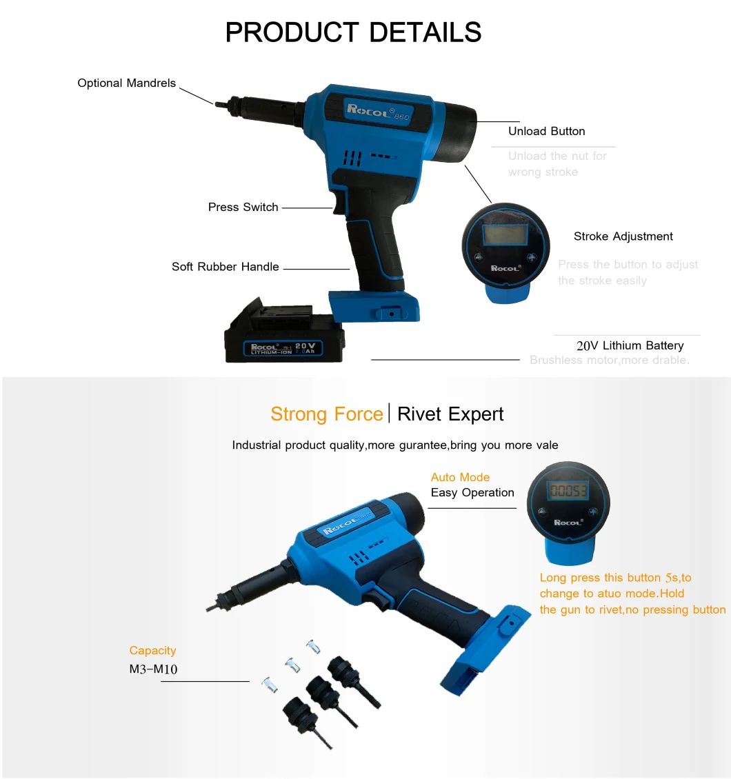 M3-M10 20kn Power Tool Battery Rivet Nut Gun