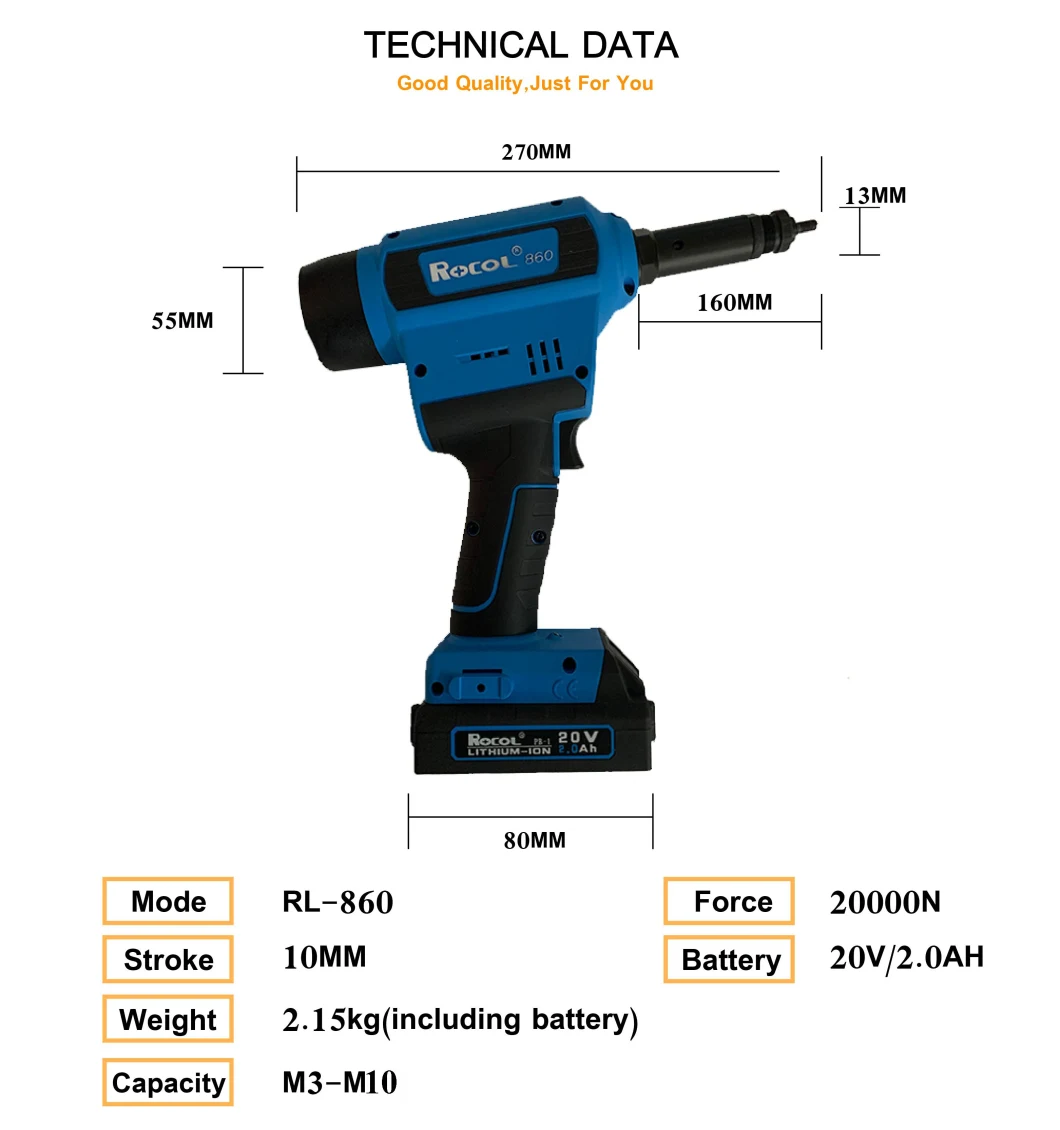 M3-M10 20kn Power Tool Battery Rivet Nut Gun