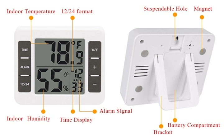 Digital Room Hygrometer Indoor Thermometer Humidity Gauge Indicator with Alarm Clock