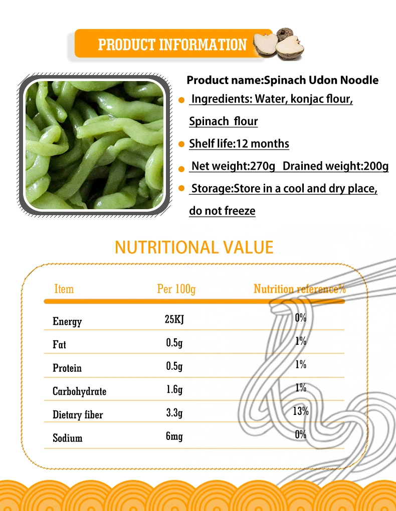 Gluten Free Diet Shirataki Precooked Konjac Spinach Udon Noodles