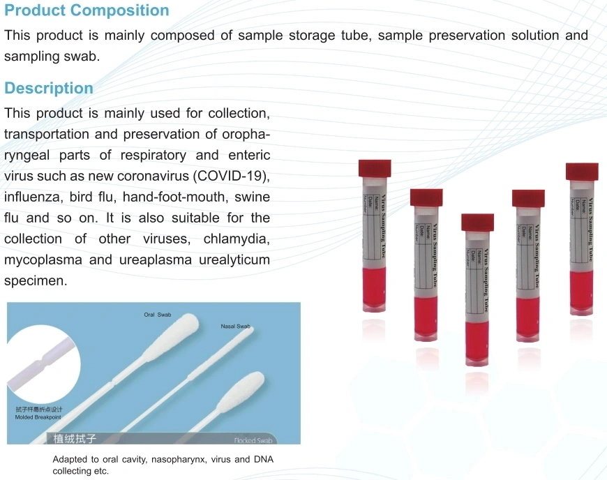 FDA Disposable Viral Transport Tube Nasopharyngeal Swab Eua Throat Swab Vtm Tube Virus Transport Tube