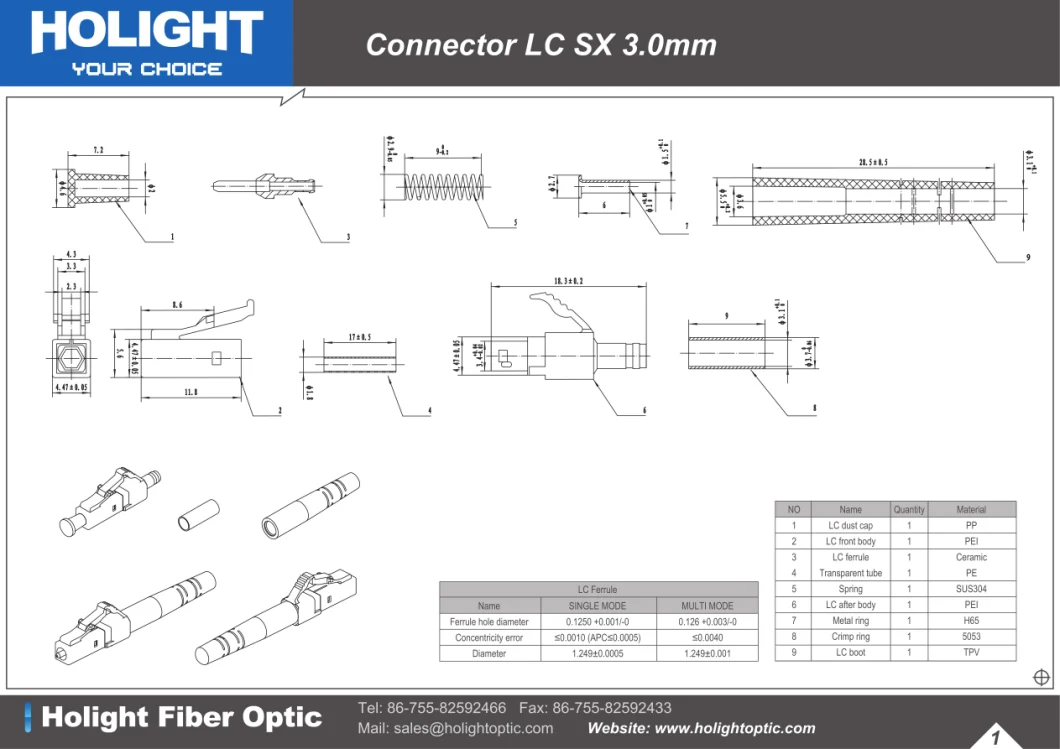 LC Sc St FC Simplex Fiber Optic Cable Connector 0.9/2.0/3.0mm