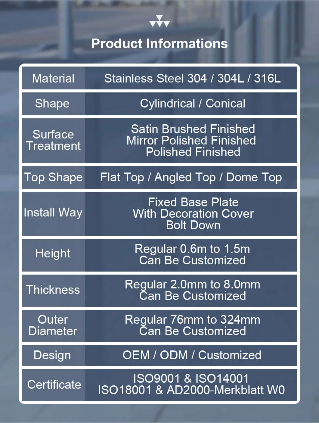 304 304L 316L Stainless Steel Parking Barrier Post with Expansion Bolt