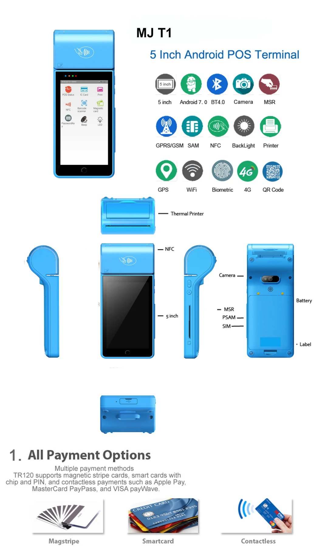 Handheld Android 7.0 POS Terminal with EMV/Pvi Certificated, Support Electronic Mobile Payment, Mj T1