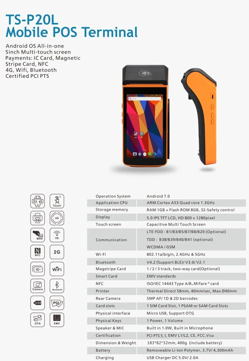 EMV POS System with Card Reader /Thermal Receipt Printer/Bluetooth/WiFi Android 7.0 Mobile POS Terminal Ts-P20L