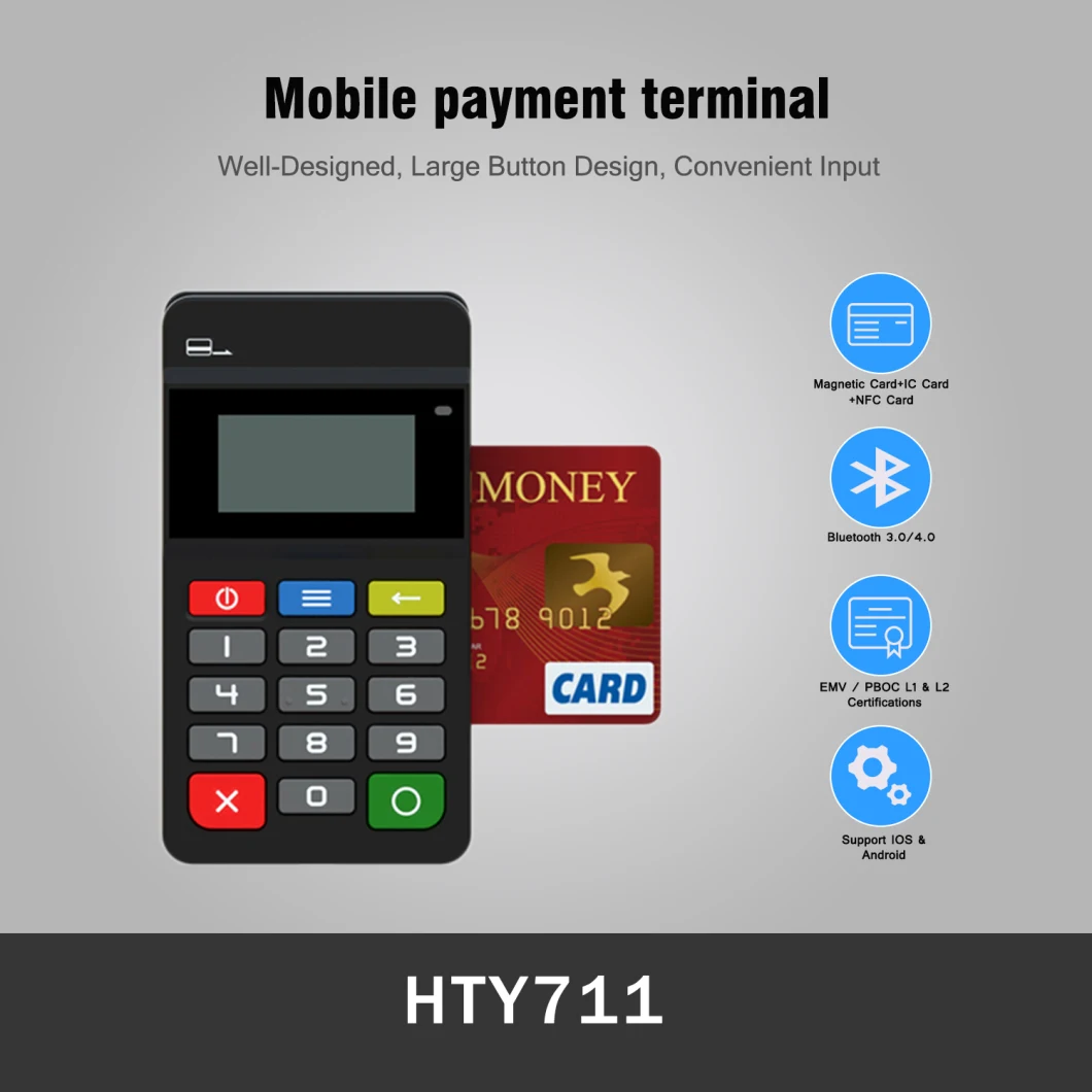 Mpos Mobile Payment Machine Magnetic NFC IC Chip Card Reader with Keypad (HTY711)