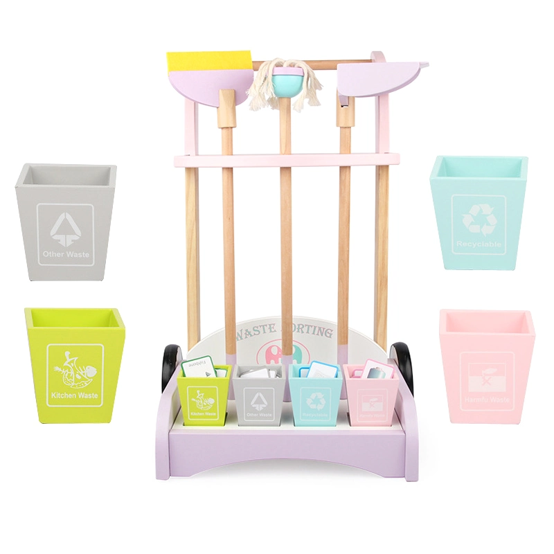 Wooden Detachable Cleaning Cart Toy Set Kids 2 Years up with Hanging Stand Educational Learning Housekeeping Broom Mop Duster Dustpan Brush Rug Kitchen Cleaning