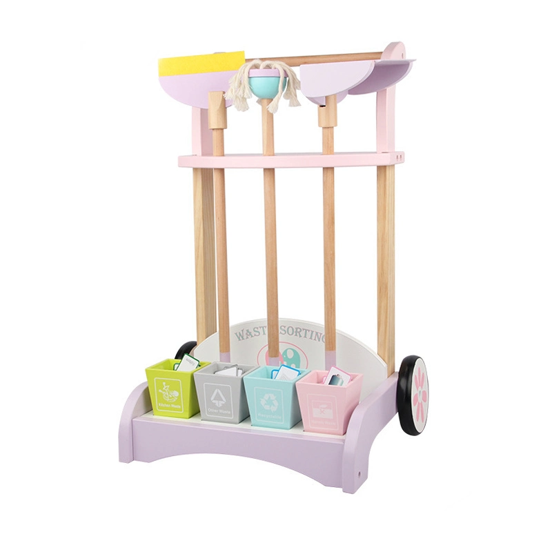 Wooden Detachable Cleaning Cart Toy Set Kids 2 Years up with Hanging Stand Educational Learning Housekeeping Broom Mop Duster Dustpan Brush Rug Kitchen Cleaning