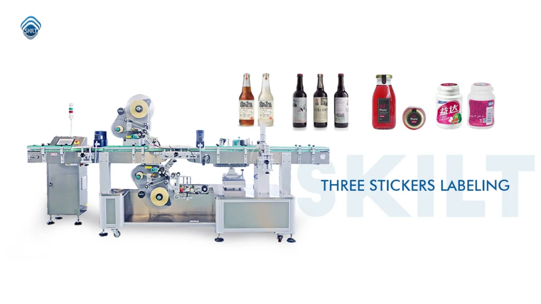 Automatic Flat Round Oil Water Bottles Double Sides Two Sticker Label Applicator Machine with Feeder