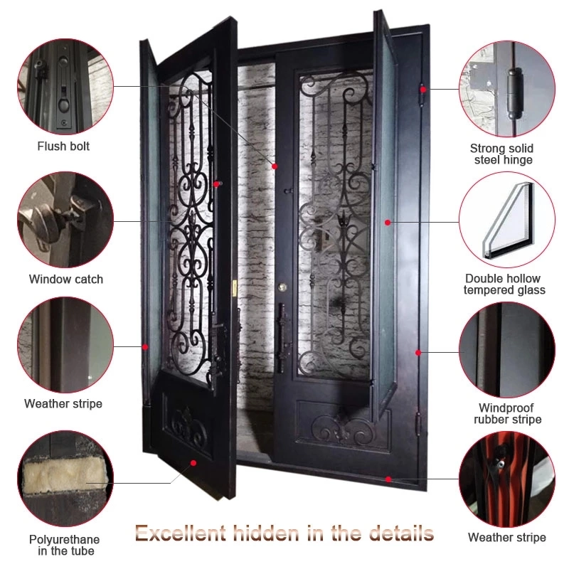 Hot Galvanized Main Entrance Door Wrought Iron Entry Door Double Door with Transom