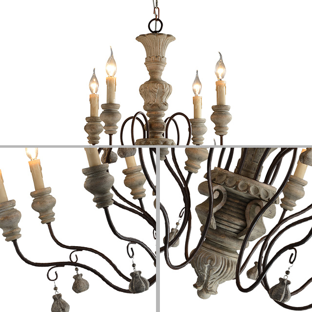 Gray Wood and Iron Chandelier E14/E14 Socket (WH-CI-14)