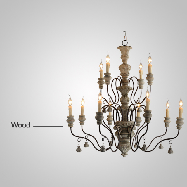 Gray Wood and Iron Chandelier E14/E14 Socket (WH-CI-14)