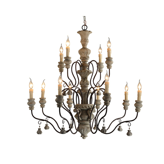 Gray Wood and Iron Chandelier E14/E14 Socket (WH-CI-14)