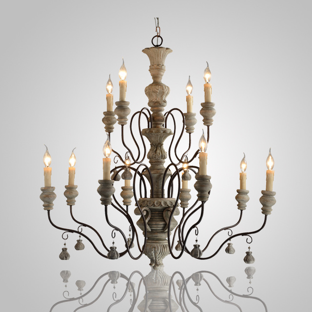 Gray Wood and Iron Chandelier E14/E14 Socket (WH-CI-14)