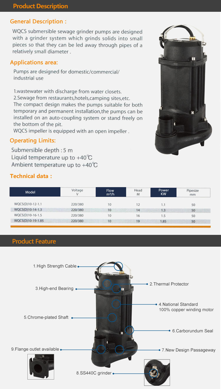 Cast Iron Electric Waste Water Cut Submersible Pump for Agriculture